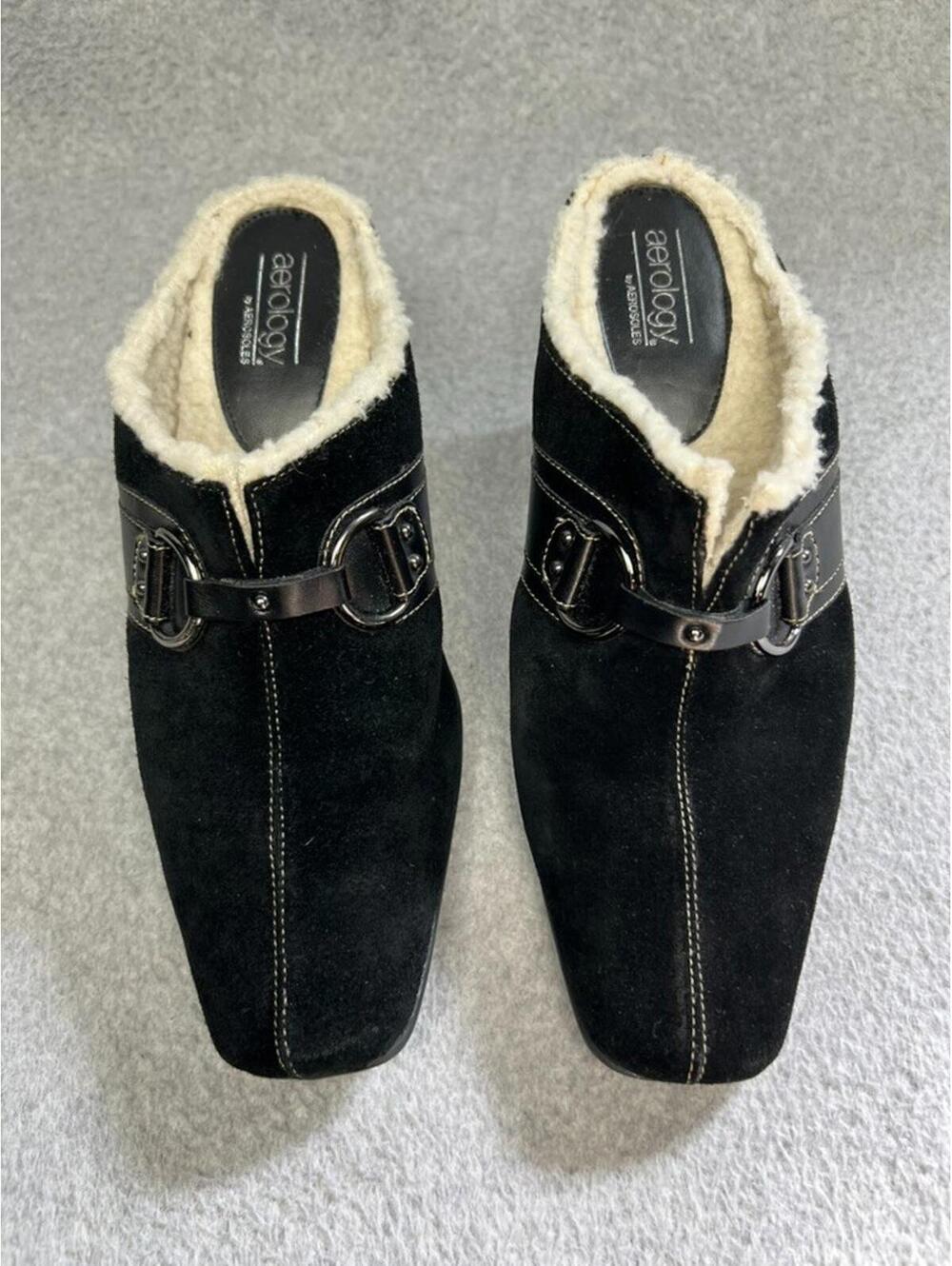 Y2K 90s Leather Suede Slip On Mules 10 Black Chucky Heel Sherpa Lining Comfort